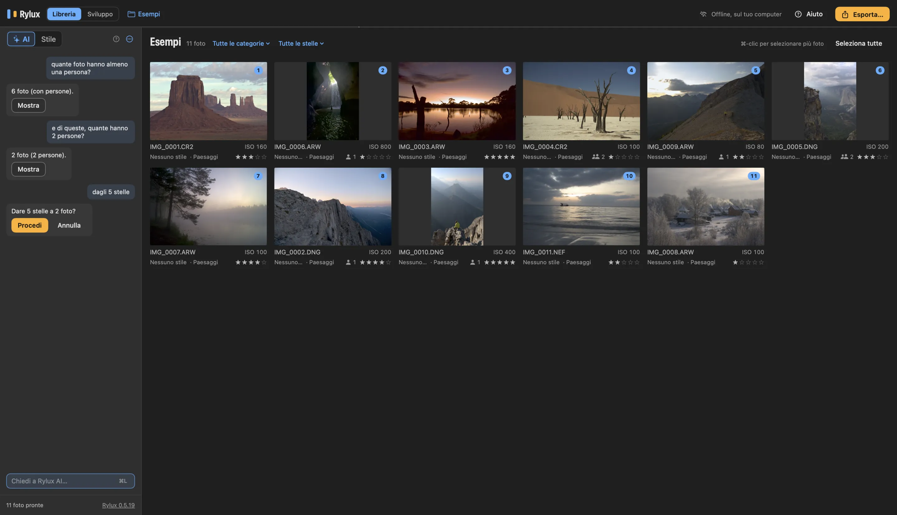 The Rylux library: photos with category and stars and, on the left, the AI tab with a conversation in Italian: how many photos have at least one person, how many of those have 2 people, give them 5 stars, and Rylux AI asking for confirmation before going ahead